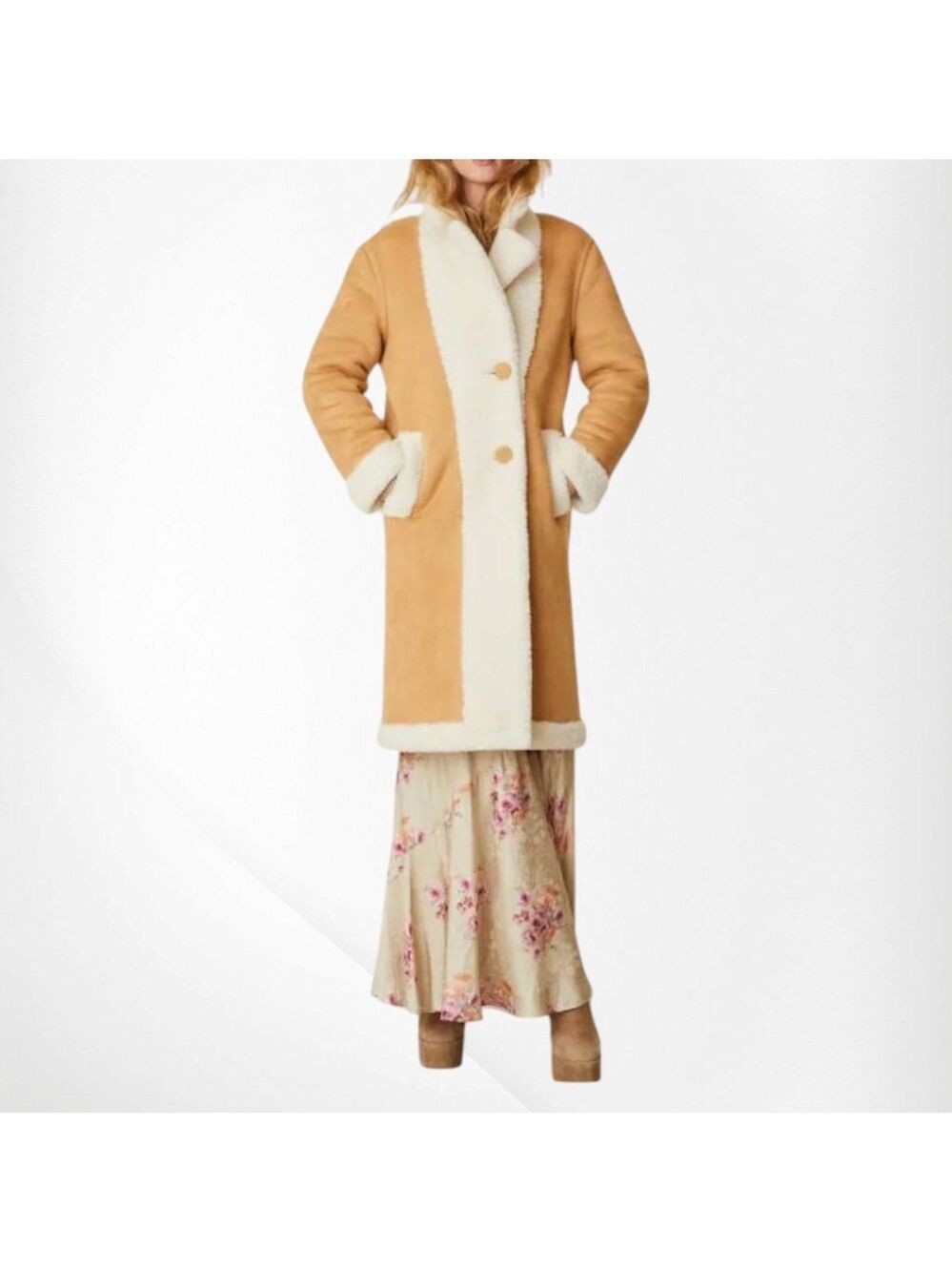 LoveShackFancy Arlington Suede Paneled Faux Shearling Coat - Picture 3 of 10